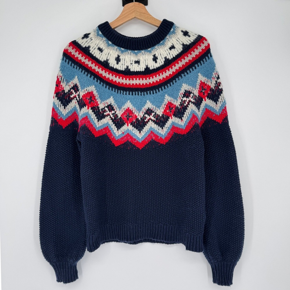 J.Crew Fair Isle Knit Sweater Sz S Wool Alpaca Blend Navy Preppy Ski Cabin Cozy